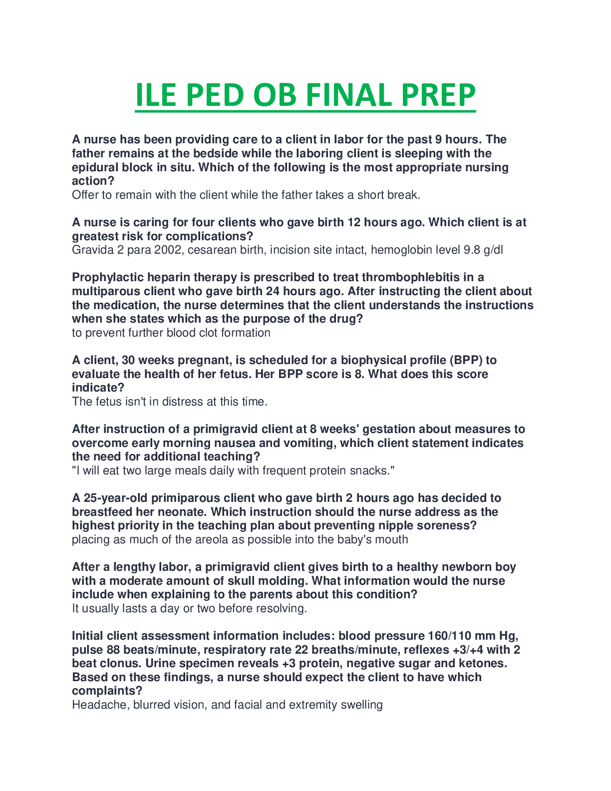 Preview image for ILE PEDS OB FINAL PREP EXAM,100% VERIFIED AND RATED A.